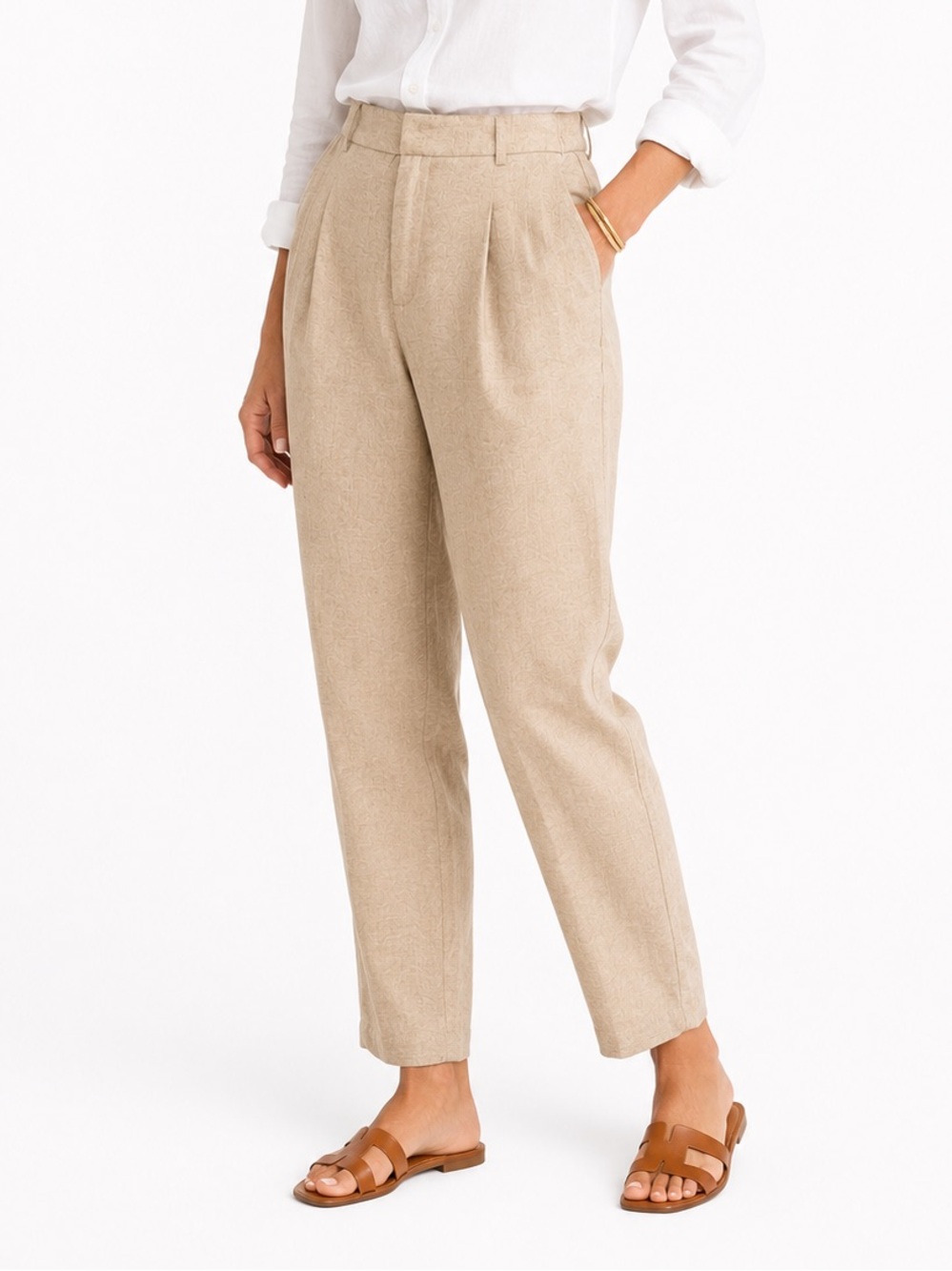 Molly Bracken Linen Blend Pull On Pants Neutral Beige Tapered Size S